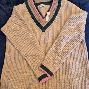 Madewell Tan V-Neck Sweater with Pink and Green Trim